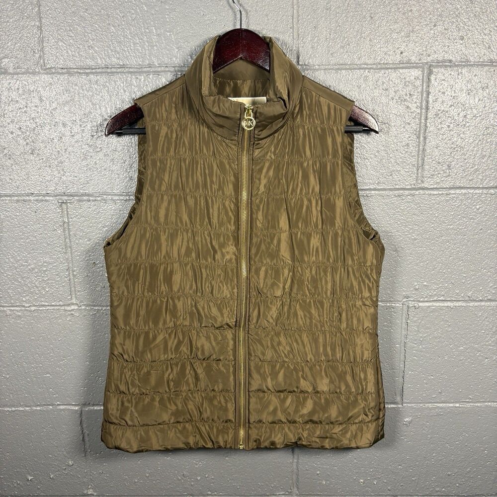 Michael Kors Puffer Vest Women's M Brown Gold Lightweight Quilted Full Zip